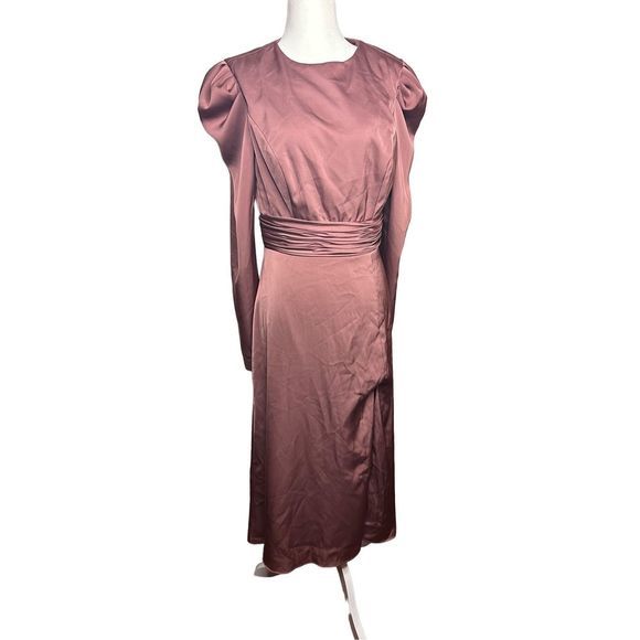 Mac Duggal Ieena High Neckline Mauve Long Sleeve Puff Shoulder Midi Dress 8 NWT - Picture 3 of 12
